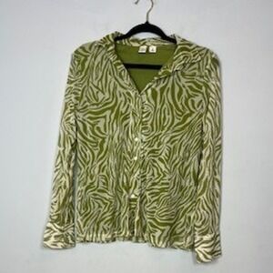 Joie Women's Bright Green and Cream Zebra Bold Long Sleeve Button Down Shirt